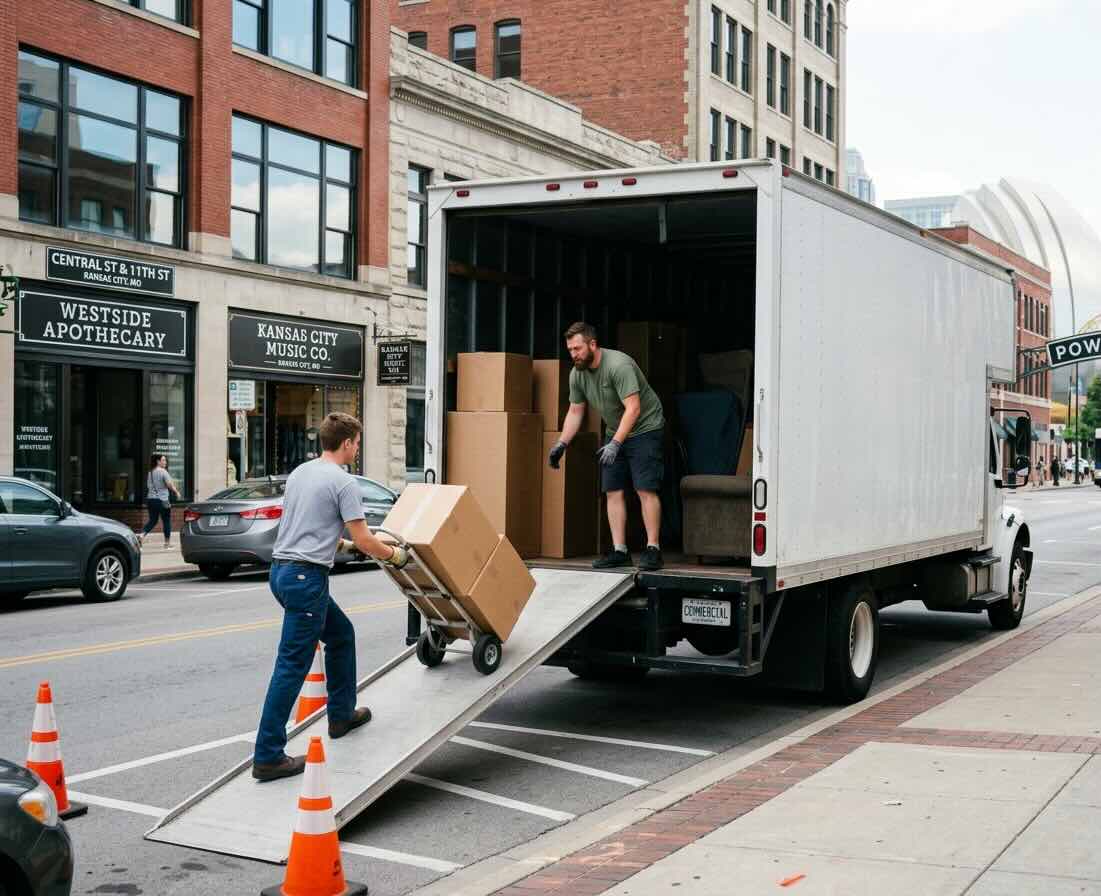 Moving crew loading an unbranded white moving truck on a city street in downtown Kansas City.